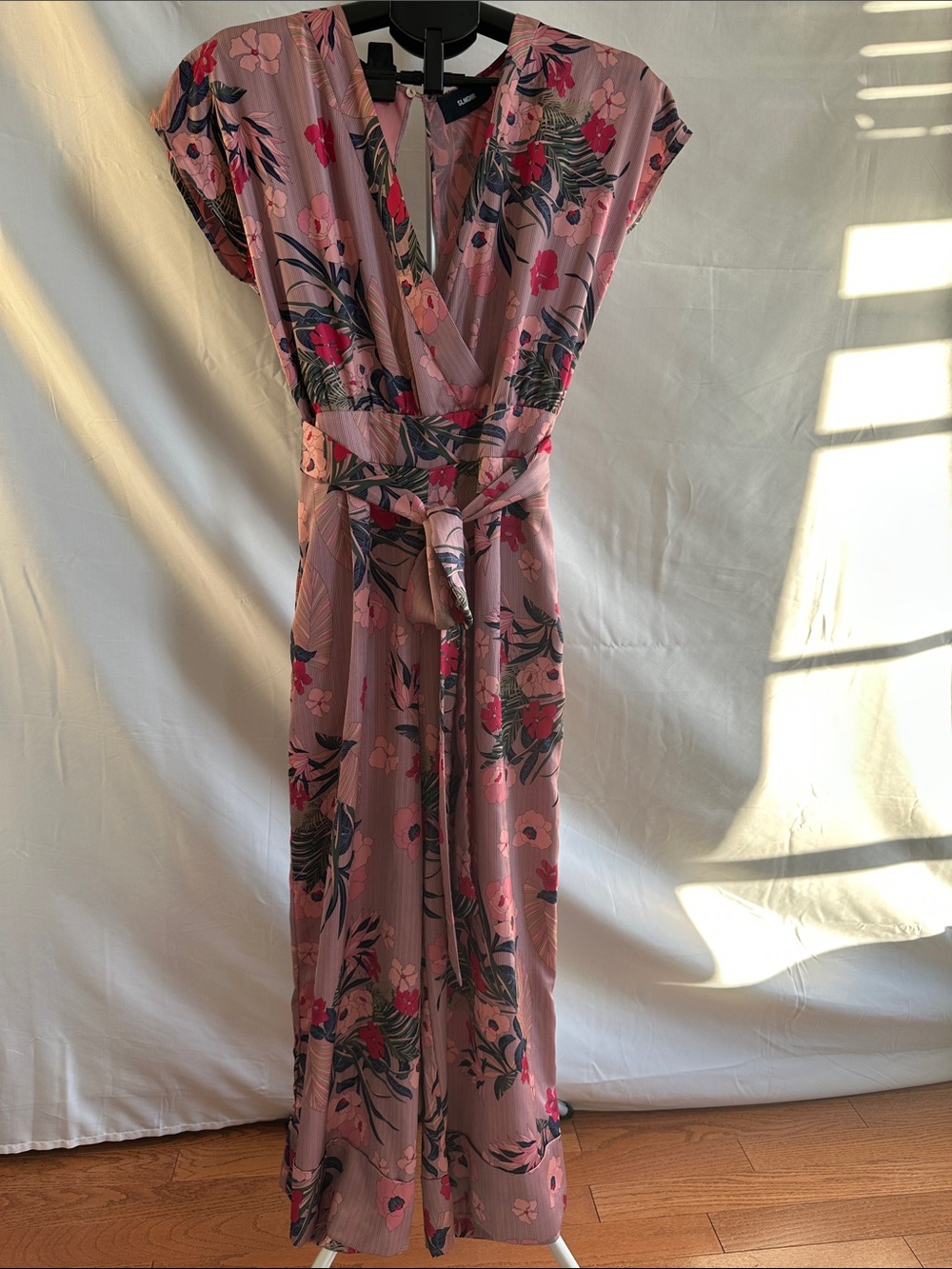 SLNGHR Pink Floral Wrap Jumpsuit with Tie Waist
